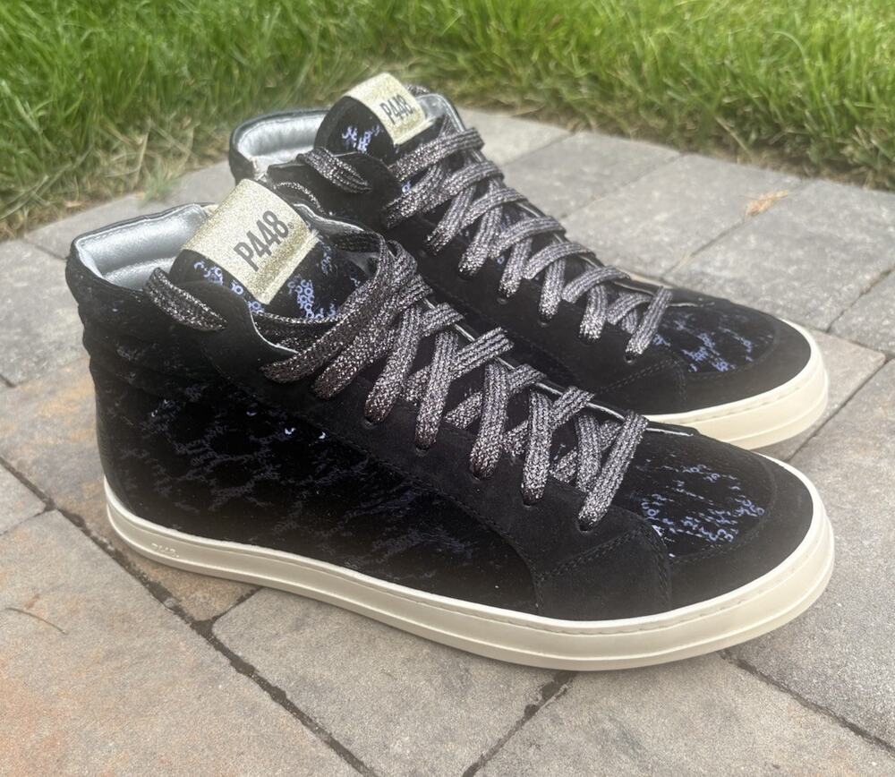 P448 Skate Womens Black Leopard Sequin High Top Sneakers 40 US 10 Zipper